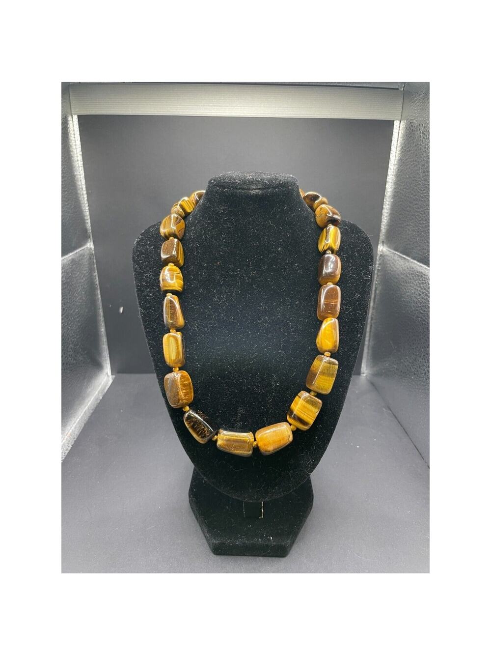 Vintage SX 925 Sterling Silver Tiger's Eye Beaded Toggle Clasp Necklace 18"